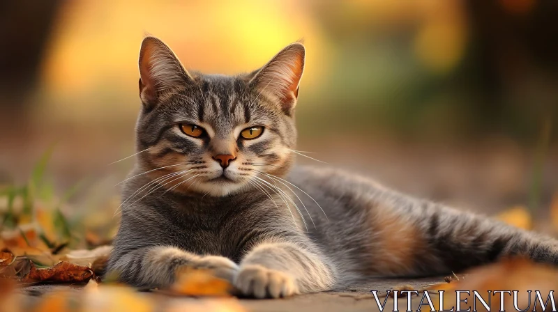 Cat Resting Amid Autumn Foliage AI Image