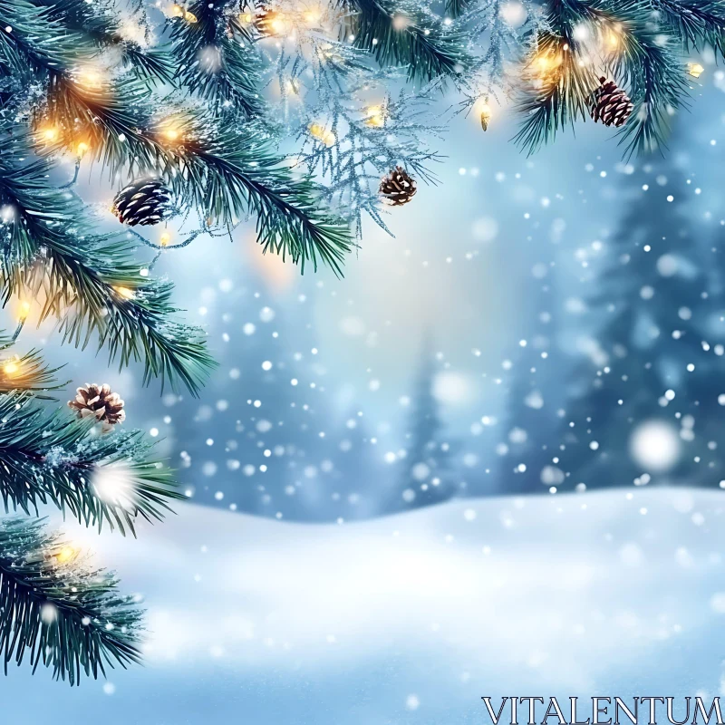 Peaceful Winter Landscape with Snowflakes and Festive Lights AI Image