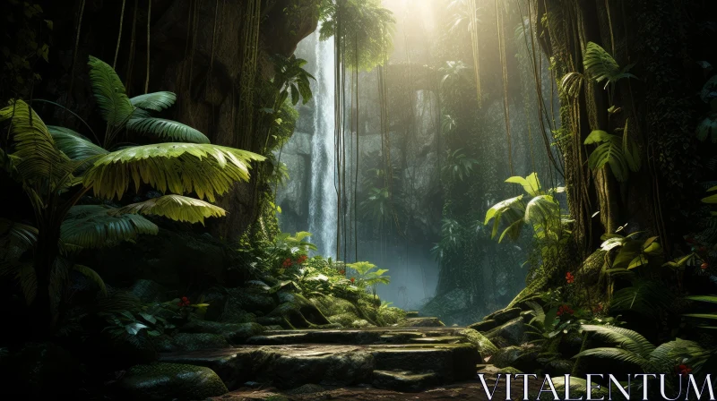 A Captivating Image of an Ancient Jungle with Waterfalls AI Image