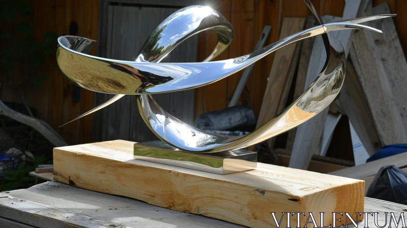 Abstract Stainless Steel Sculpture on Wooden Block AI Image