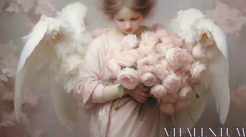 Angel with Pink Roses Painting AI Image