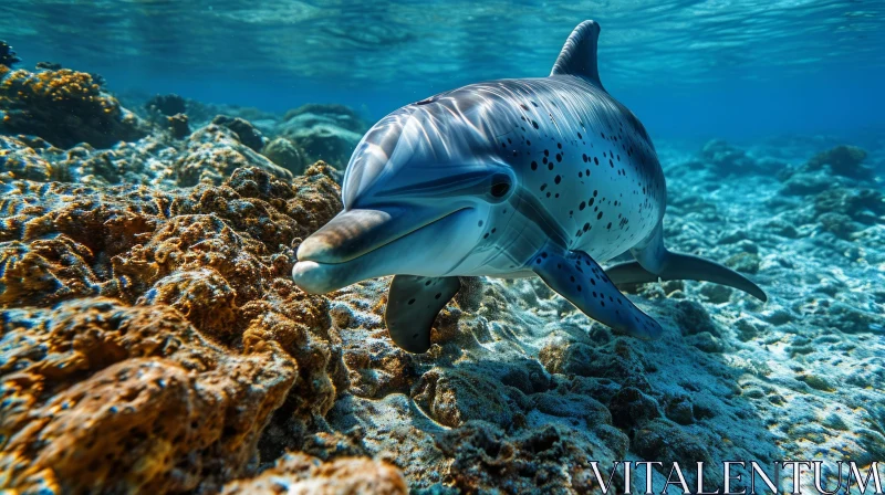 Bottlenose Dolphin Swimming over Coral Reef - Serene Underwater Scene AI Image