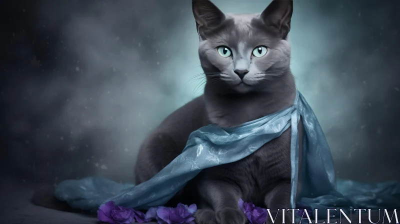 AI ART Curious Gray Cat with Blue Eyes and Scarf