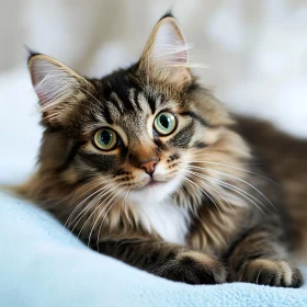 Fluffy Cat with Green Eyes Laying on Blanket