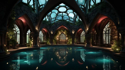 Eerily Realistic Fantasy Room with Gothic Architecture and Pool
