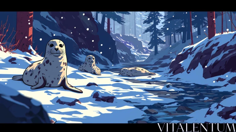 Enchanting Cartoon of Seals on an Ice Floe in a River AI Image