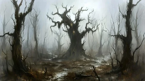 Enigmatic Forest Scene with Twisted Trees and Mysterious Symbols