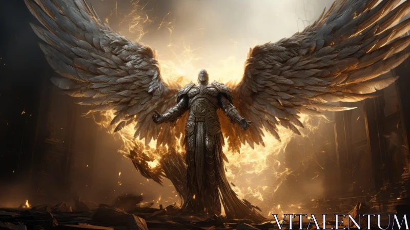 Powerful Angel in Ruined City - Dark Fantasy Illustration AI Image