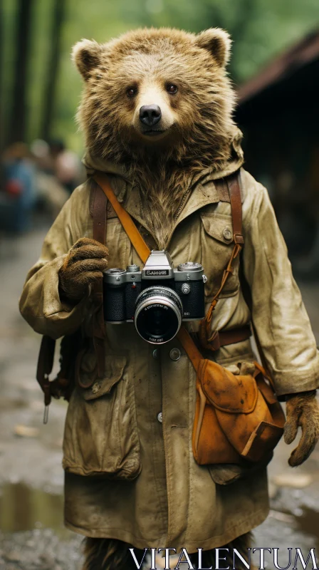 Urban Wilderness: A Costumed Bear with a Camera AI Image