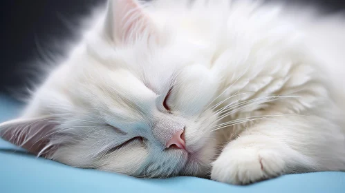 White Cat Sleeping on Blue Blanket