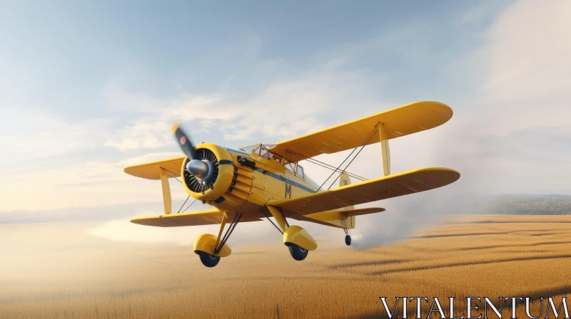 Yellow Biplane Flying Over Golden Wheat Field AI Image