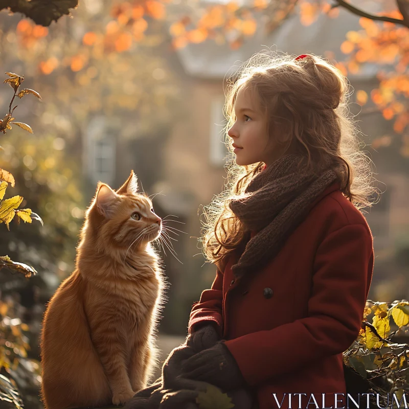 Autumn Tranquility with Child and Cat AI Image