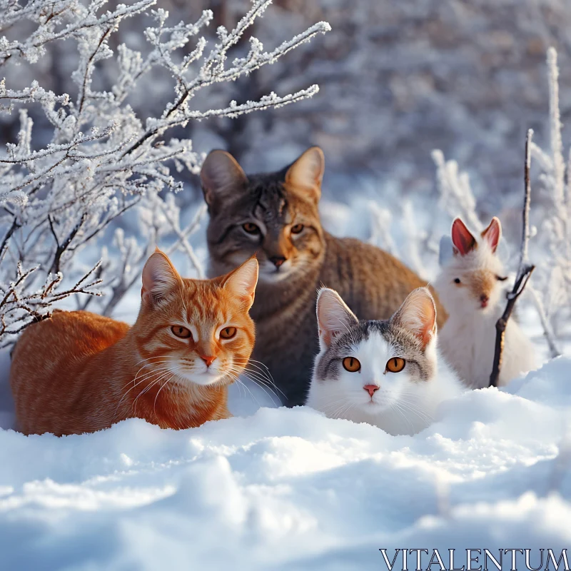 Cats and Rabbit in Frosty Snow AI Image