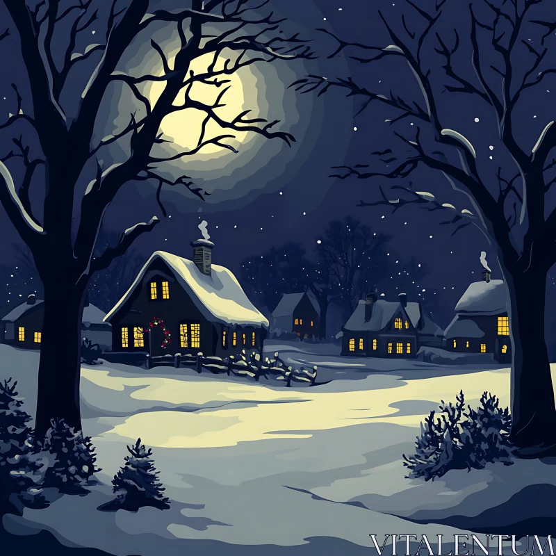 Moonlit Snowy Village Scene AI Image