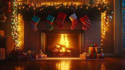 Christmas Decorations with Fireplace and Gifts