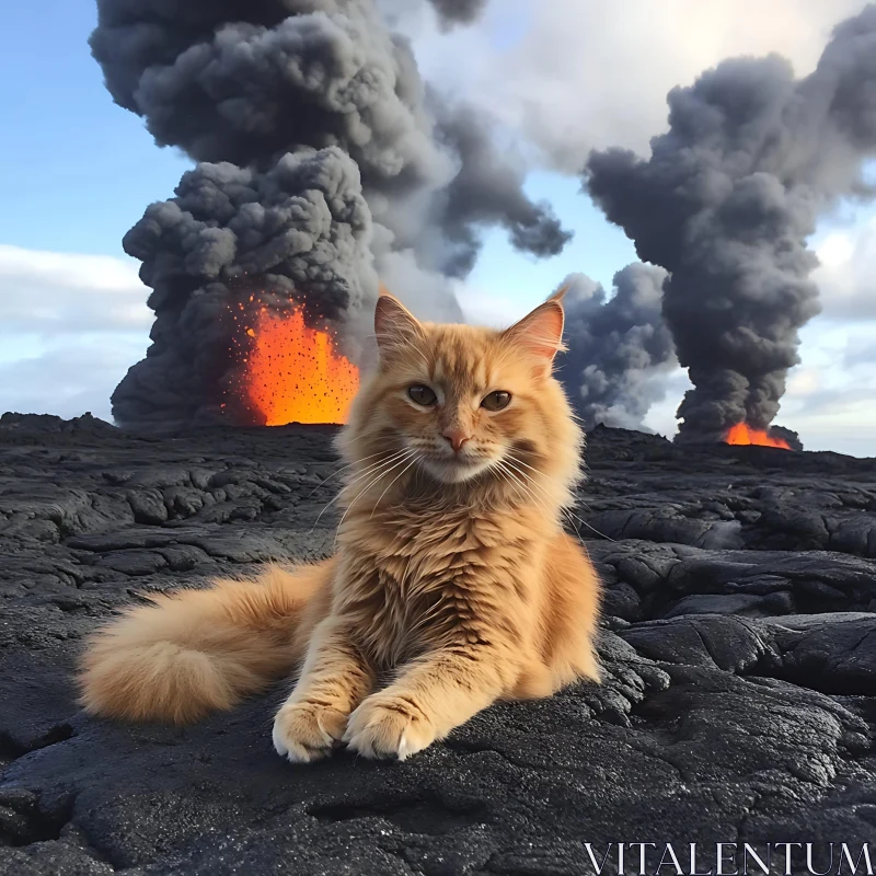 Serene Cat in Volcanic Landscape AI Image