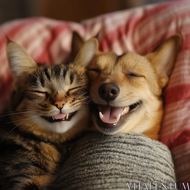 Happy Cat and Dog Cuddling Up Close AI Image