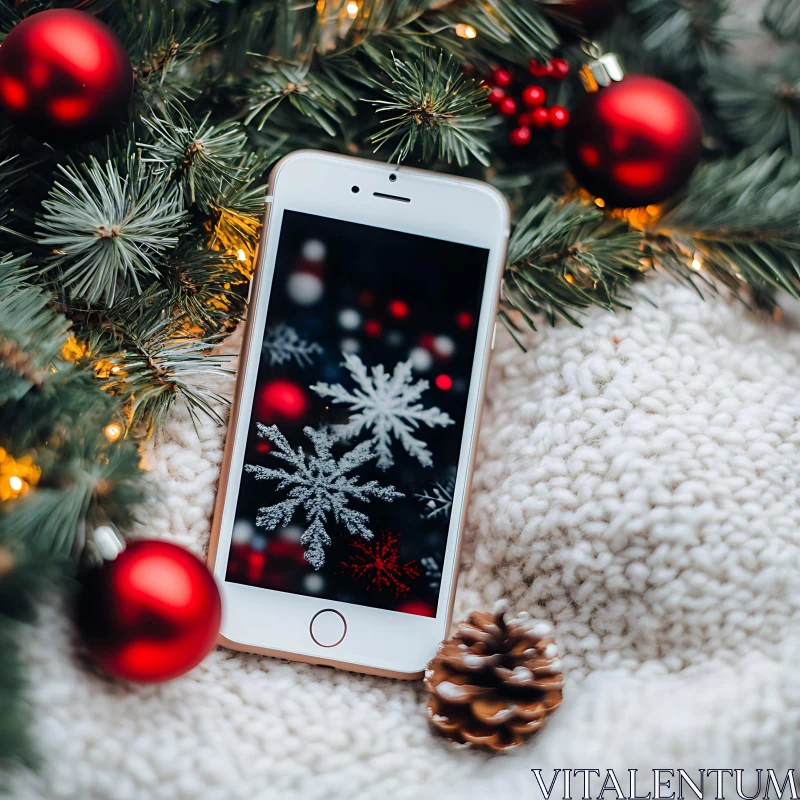 Christmas-Themed Smartphone Display Surrounded by Holiday Décor AI Image