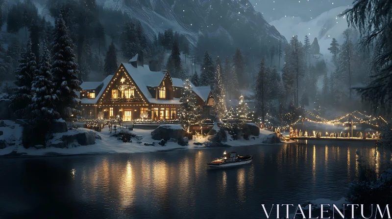 Winter Wonderland: Snowy Cabin and Lake AI Image