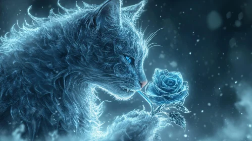 Frosty Feline with Blue Rose in Snowy Background