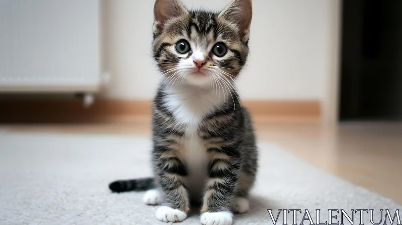 Cute Tabby Kitten Sitting on Carpet AI Image