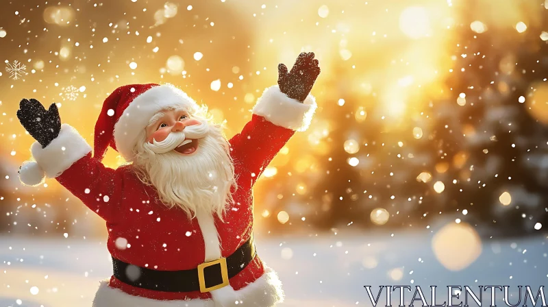 Santa Claus in Snowy Landscape at Golden Sunset AI Image