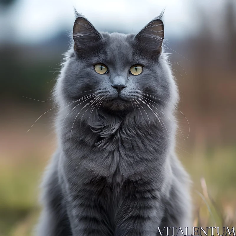 Elegant Grey Cat with Fluffy Fur and Yellow Eyes AI Image