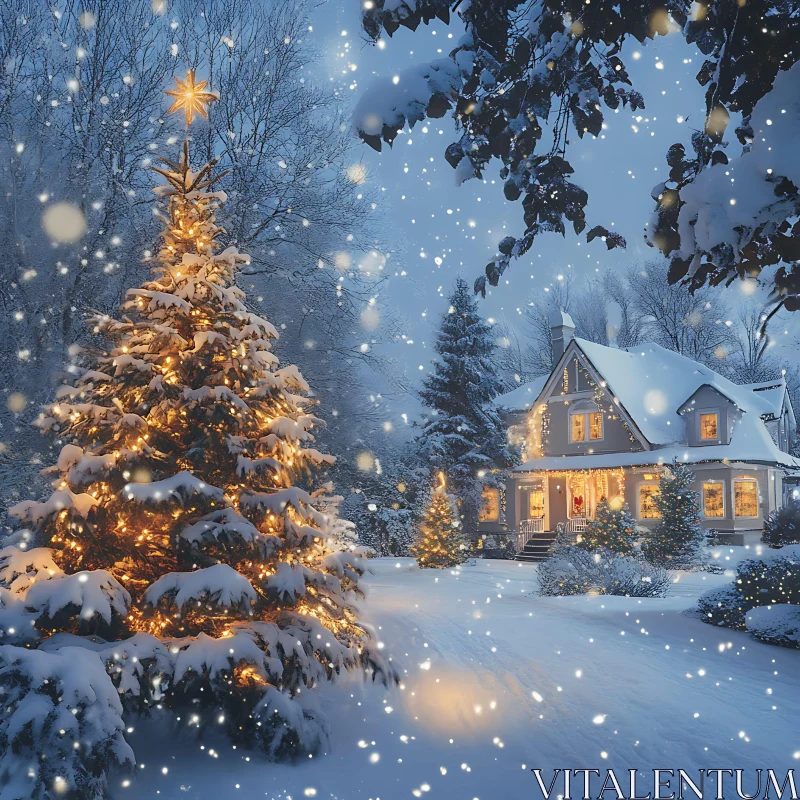 Snowy Christmas Scene with Festive Lights AI Image