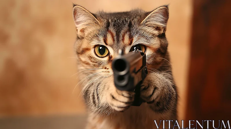 Feline with a Gun Close-Up AI Image