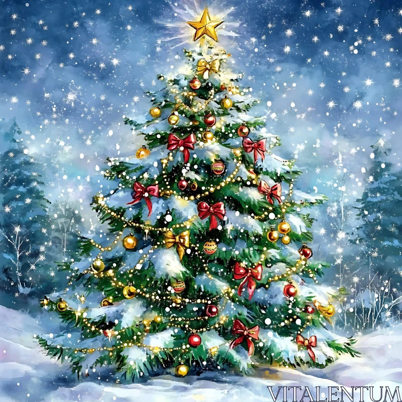 Festive Christmas Tree in Snowy Night AI Image