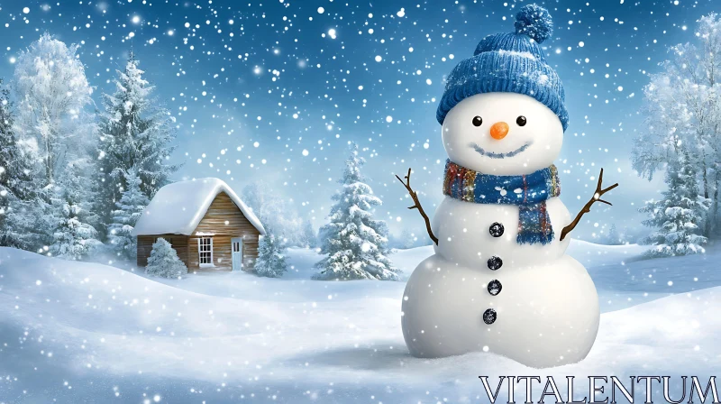 AI ART Snowman and Cabin in Winter Wonderland