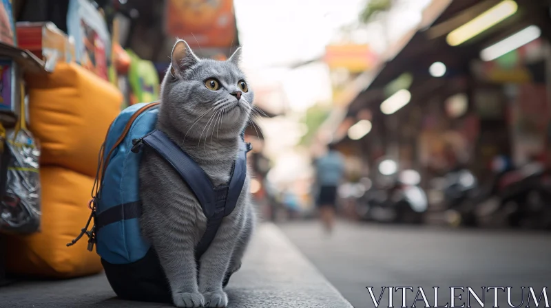 AI ART Grey Cat with Backpack in Vibrant Street Scene