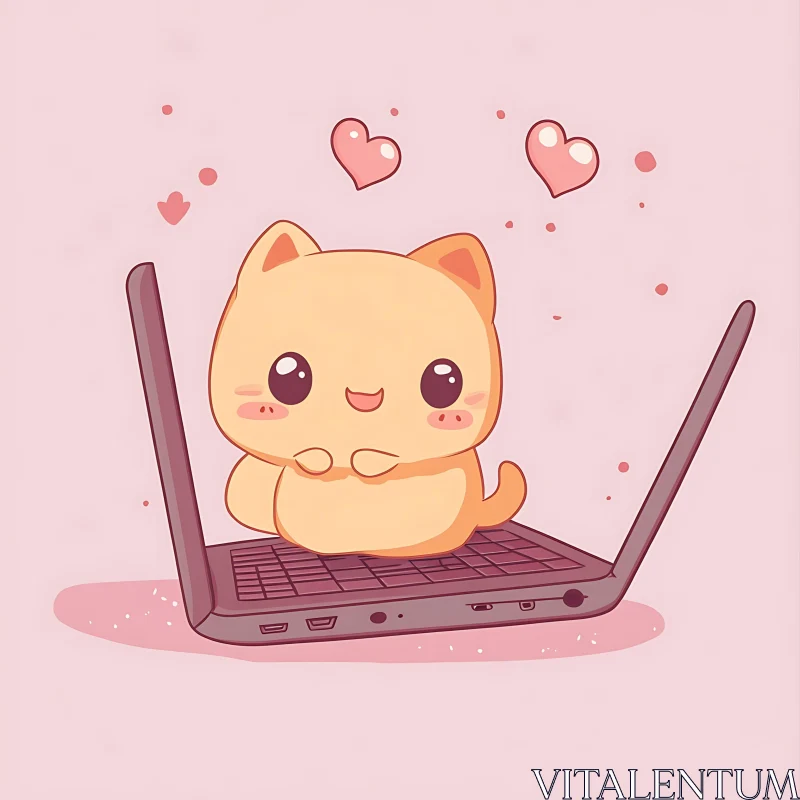 Charming Cat Animation with Laptop and Hearts AI Image