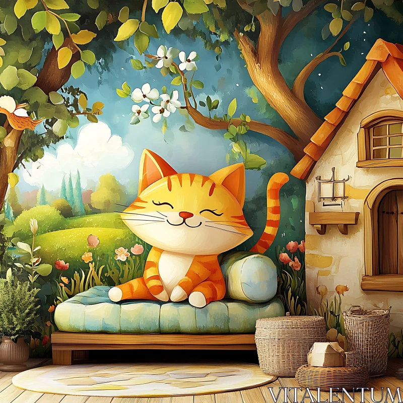 AI ART Happy Cat Relaxing in Blooming Countryside