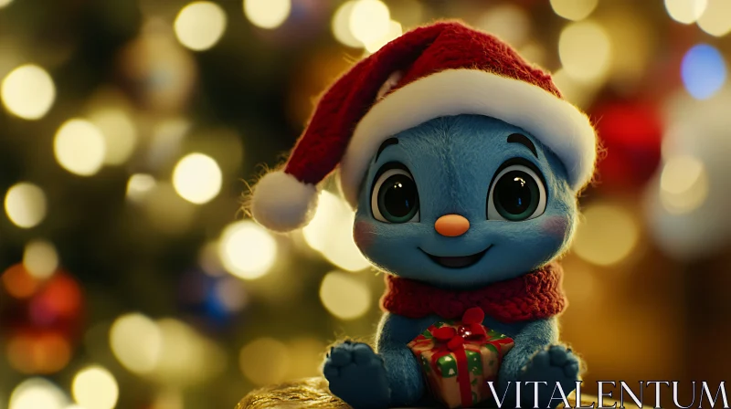 Festive Blue Toy Holding Gift with Christmas Lights AI Image