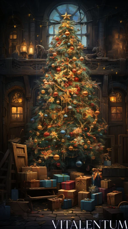 Charming Christmas Tree with Ornaments and Presents AI Image