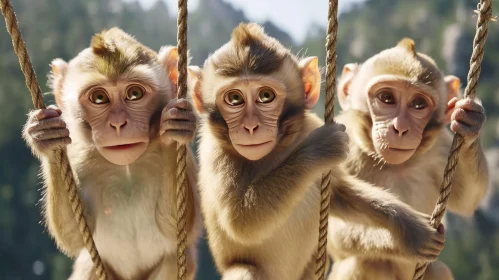 Curious Monkeys Hanging on Ropes in Natural Surroundings