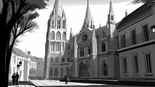 Dark Gothic Cathedral Drawing with Mysterious Atmosphere