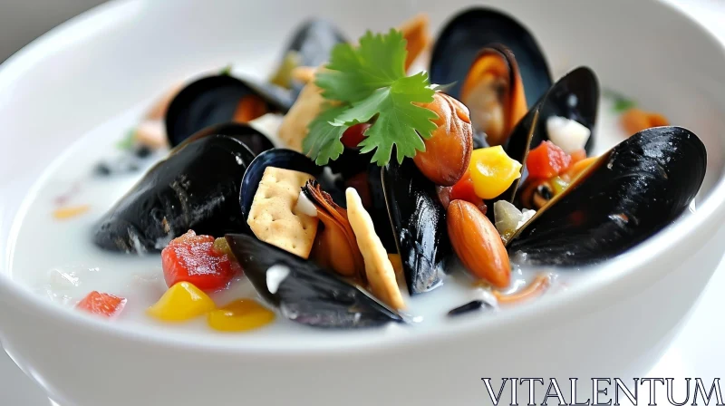 Delicious Creamy Seafood Soup with Mussels and Vegetables AI Image
