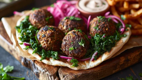 Delicious Ground Lamb Meatballs on Flatbread with Pickled Red Onions