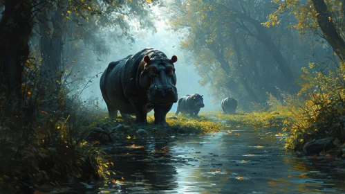 Digital Painting of a Hippopotamus in a Forest