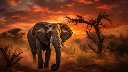 Elephant in the Golden Field at Sunset - Serene Nature Photography