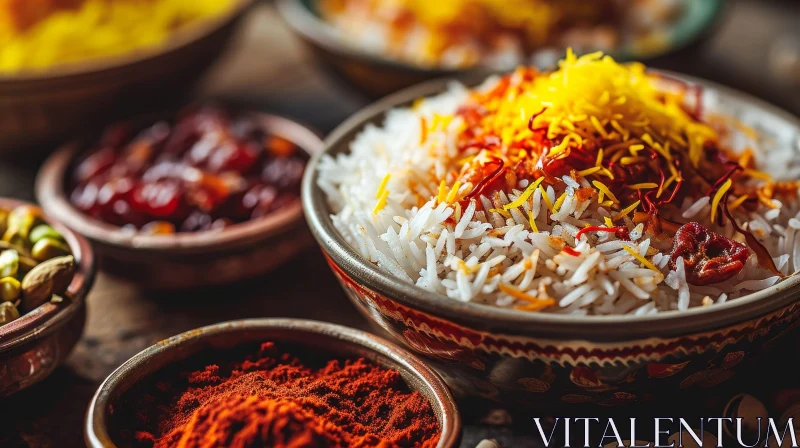 Exquisite Persian Rice Dish with Saffron, Pistachios, and Dried Cranberries AI Image