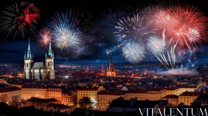Firework Celebration in Prague: Vibrant Cityscape Illuminated by Patriotic Display AI Image