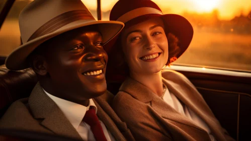 Joyous Couple in Vintage Car at Sunset - Warm Tones and Civil Rights Imagery