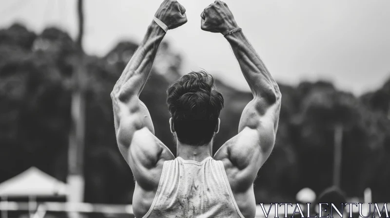Muscular Man in Victory - Black and White Image AI Image