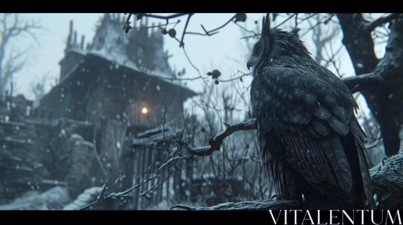 Mysterious Owl Perched on Abandoned House | Dark and Suspenseful Image AI Image