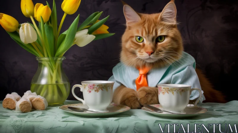 AI ART Serious Ginger Cat at Table with Teacups and Flowers
