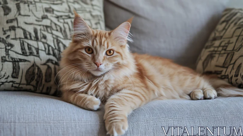 Relaxing Fluffy Orange Cat on Sofa AI Image