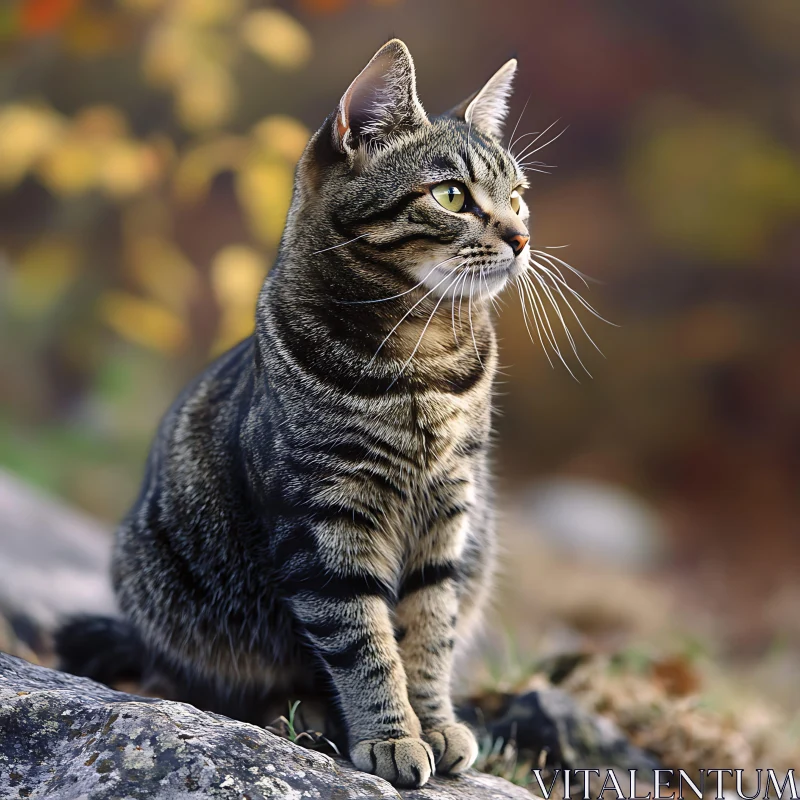 Striking Green-Eyed Tabby Cat on a Rock AI Image